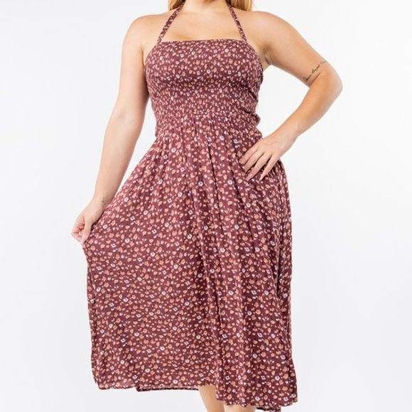 Plus Size Brown Floral Print Flowy Dress - Picture 1 of 4